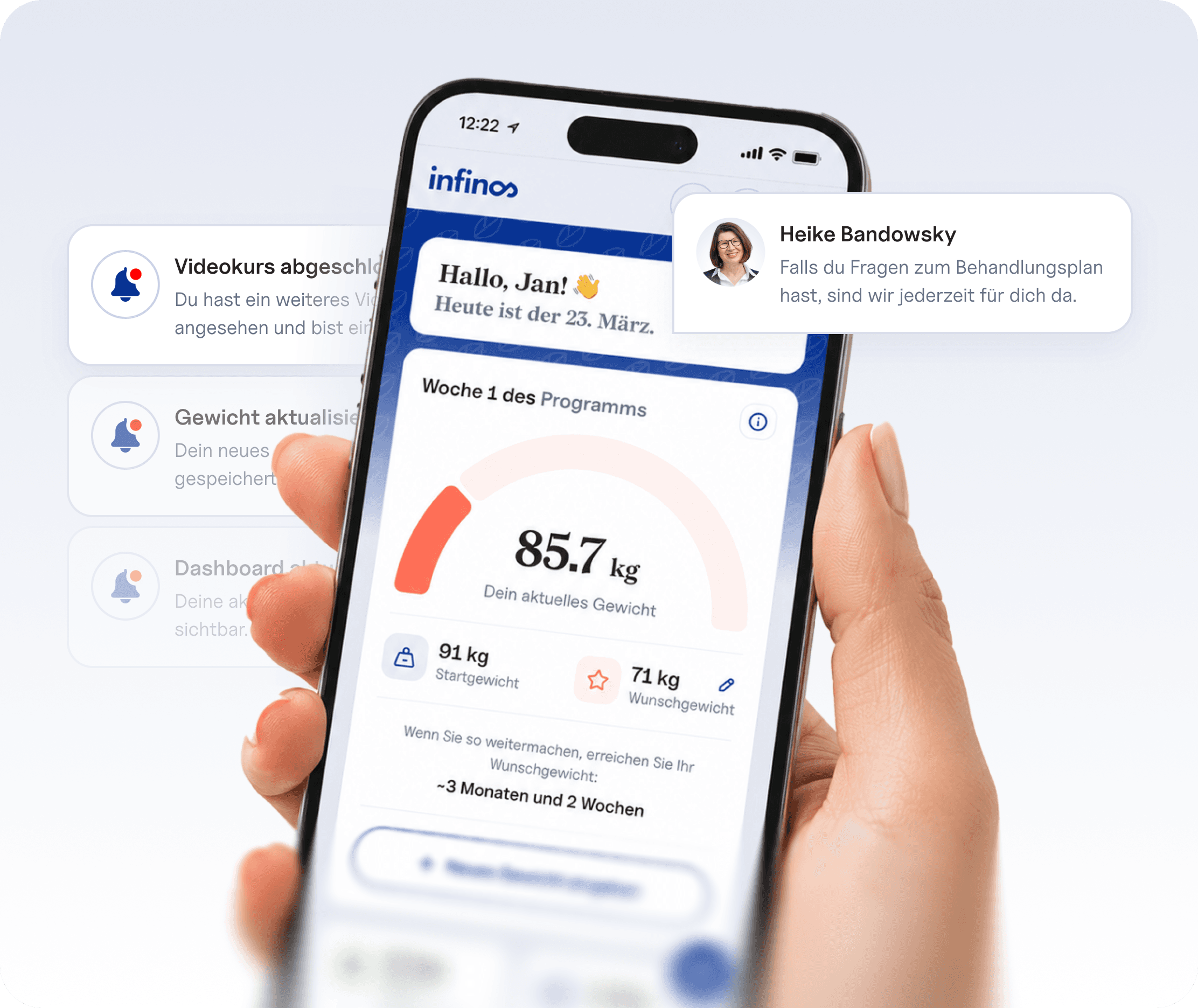 Smartphone zeigt das Infinos-Dashboard mit Benachrichtigungen